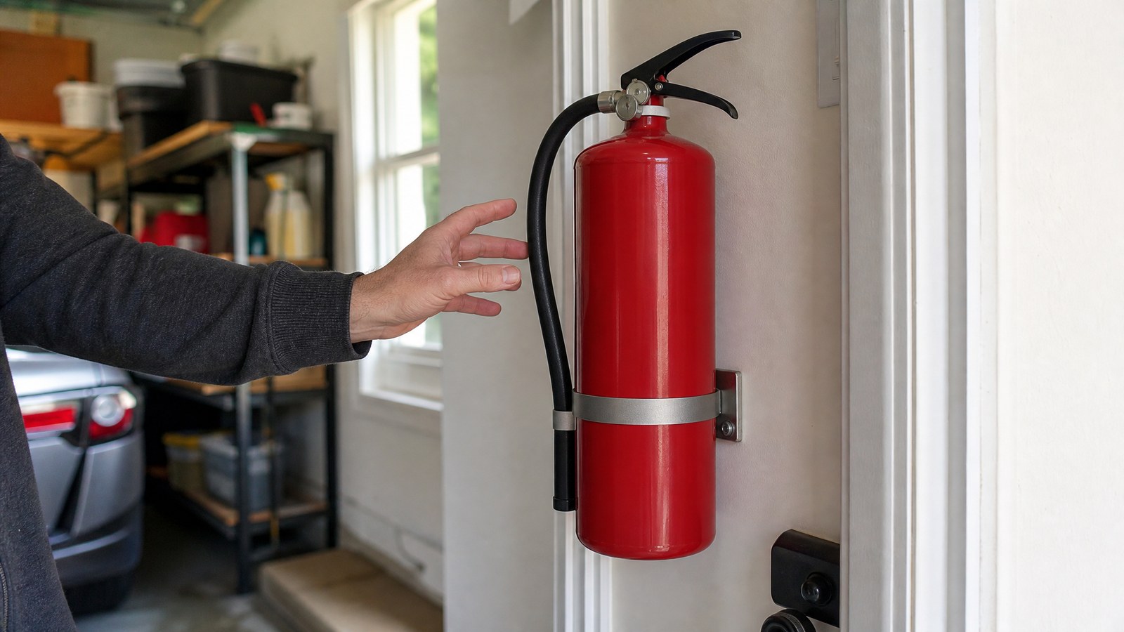 A hand reaching toward a plain red extinguisher mounted on a wall bracket in a garage beside the door into the house