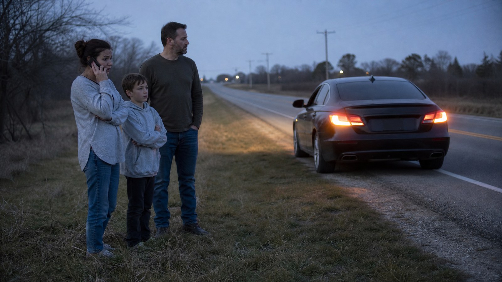 A family standing on the grass well back from a parked car on a rural roadside at dusk, one adult on the phone