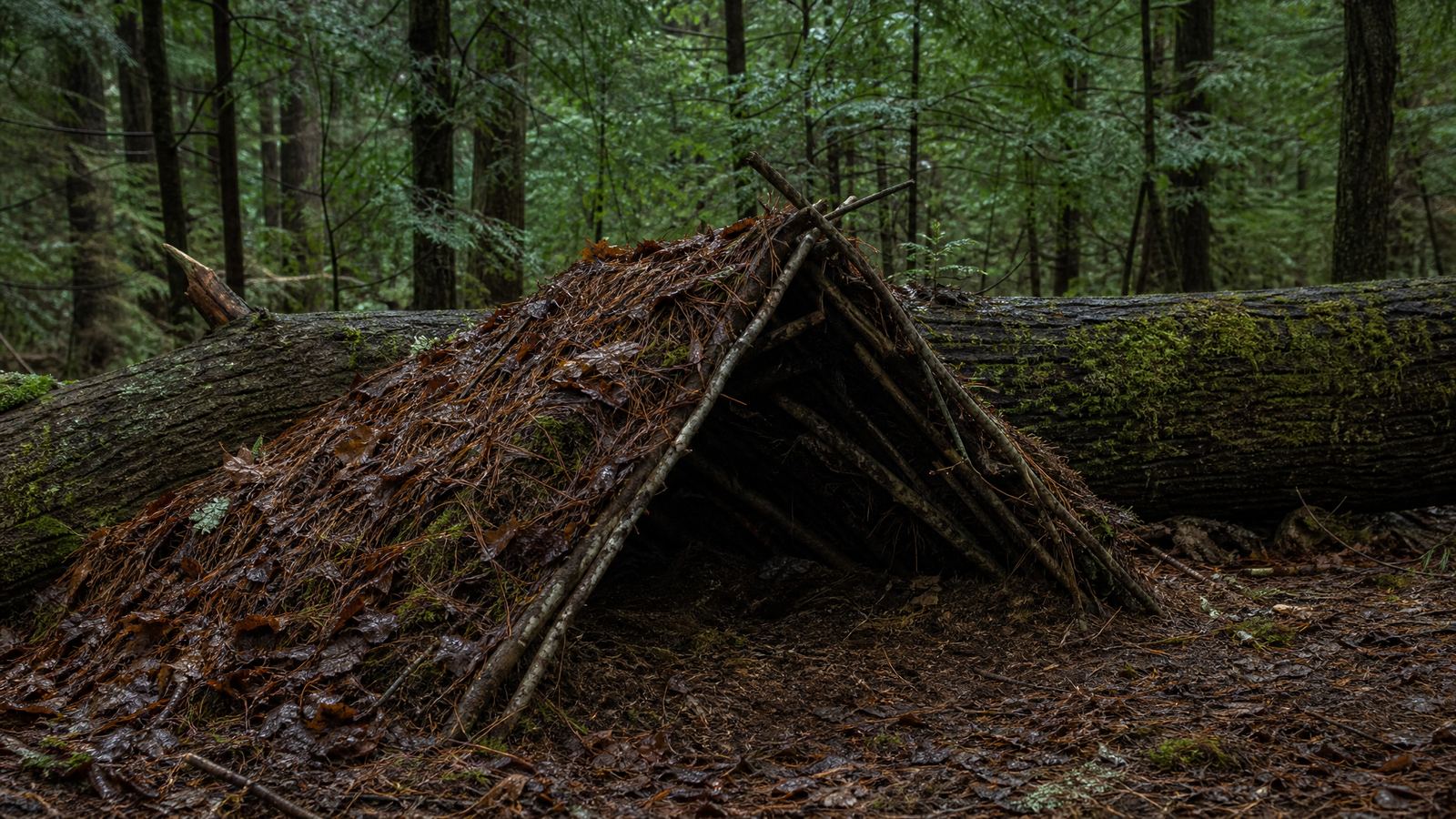 A low shelter of branches and piled forest debris built against a fallen log in an evergreen forest under overcast late afternoon light