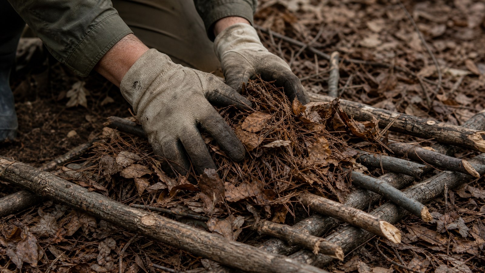 Close view of hands in worn work gloves piling dry brown leaves and pine needles onto a lattice of branches laid on a forest floor