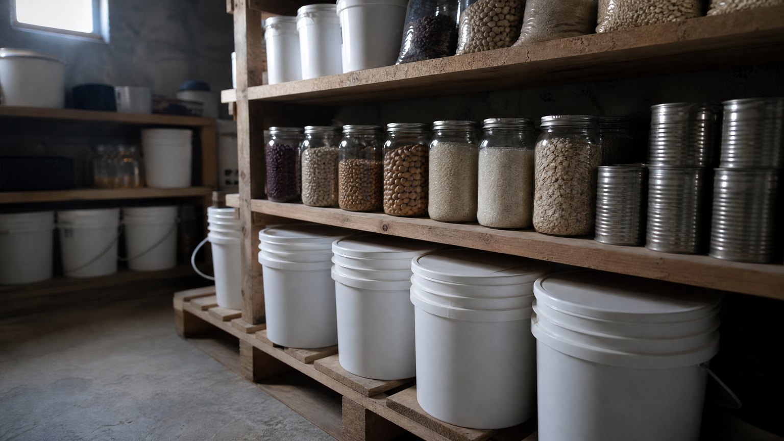 Wooden basement pantry shelving holding plain sealed food-grade buckets, glass jars of dried beans, rice and oats, and a stack of plain steel cans, with the buckets raised off the concrete floor on a pallet