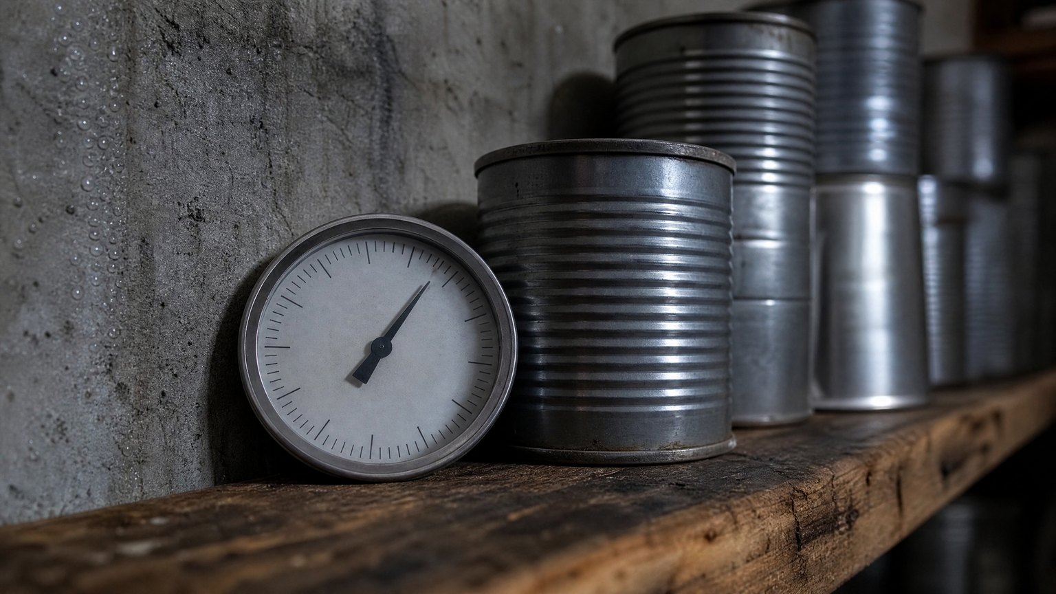 A plain analog dial thermometer resting against a stack of unlabeled steel cans on a rough wooden shelf in a dim cool cellar with a bare concrete wall behind