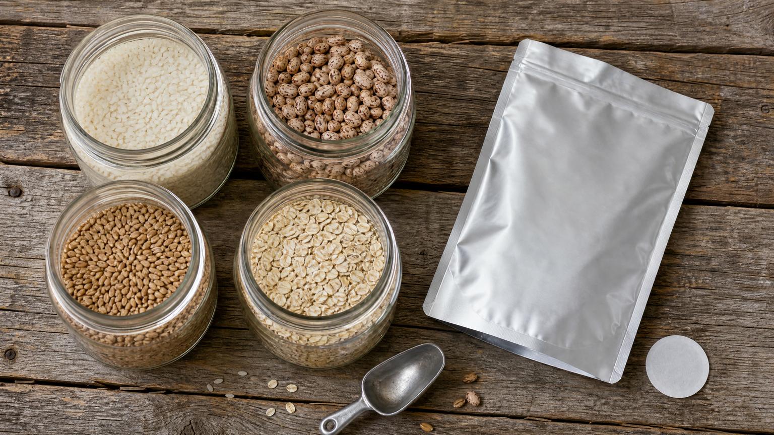 Overhead view of four open glass jars on a weathered wooden table holding white rice, dried pinto beans, wheat berries and rolled oats, with a metal scoop, a folded silver foil pouch and a small oxygen absorber packet beside them