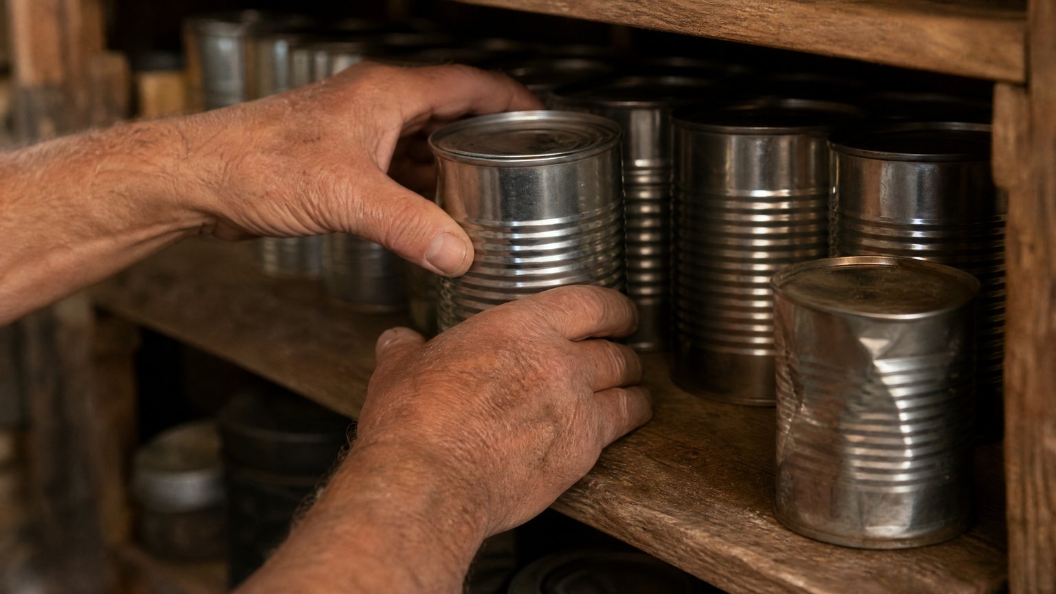 Weathered hands rotating a plain unlabeled steel can to the front of a row of identical cans on a wooden pantry shelf, with one dented can set apart at the shelf edge