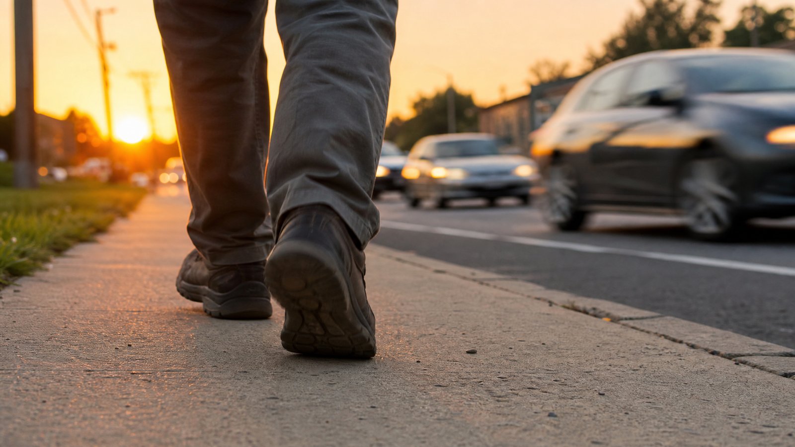 A close view of a person's legs and feet in comfortable broken-in walking shoes striding along a sidewalk beside a busy road at golden hour