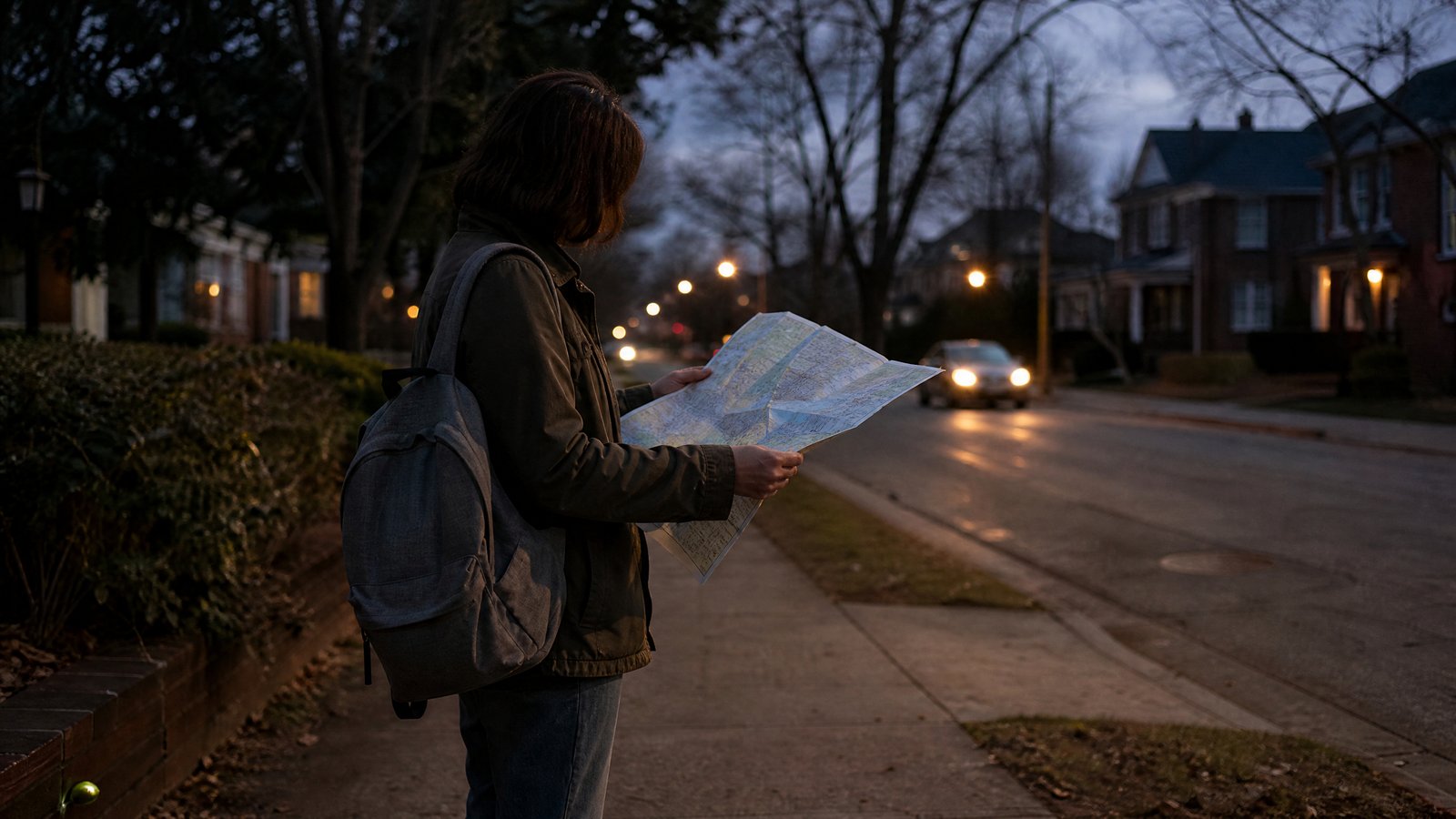 A person standing on a suburban sidewalk at dusk holding an open paper map and checking their route with streetlights coming on in the background