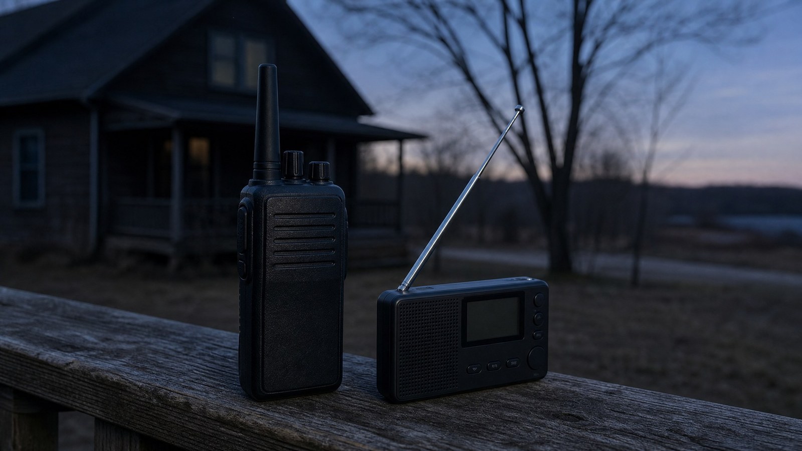 A handheld two-way radio and a portable radio with an extended telescoping antenna resting on a weathered wooden porch rail at dusk in front of a dark rural house