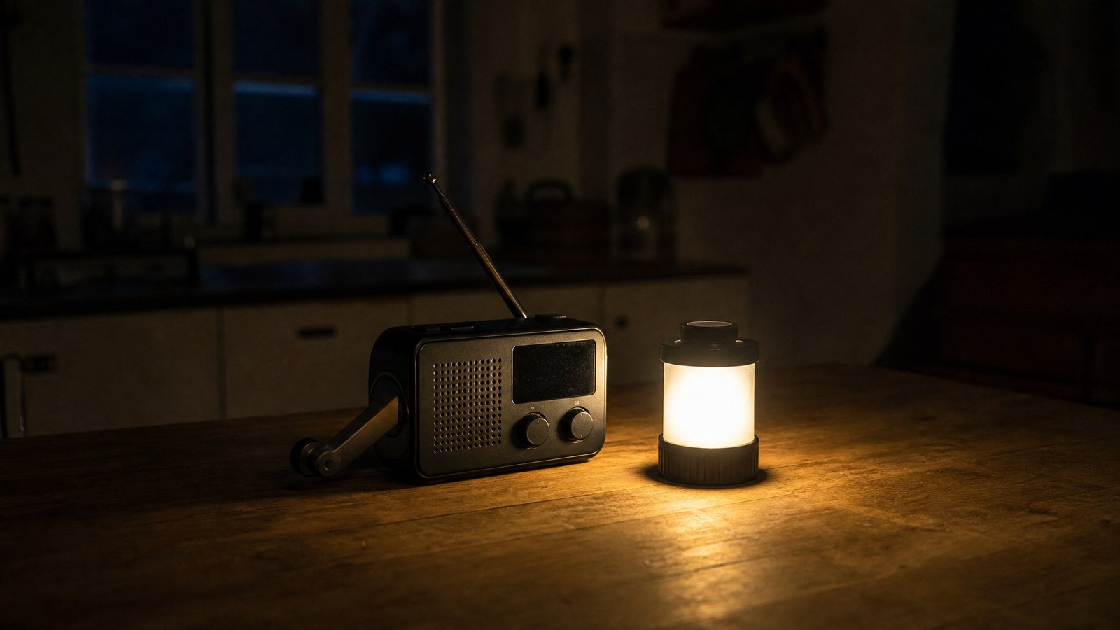 A small portable emergency radio with a folding hand crank and extended antenna on a wooden kitchen table in a dark house, lit only by a small LED lantern beside it