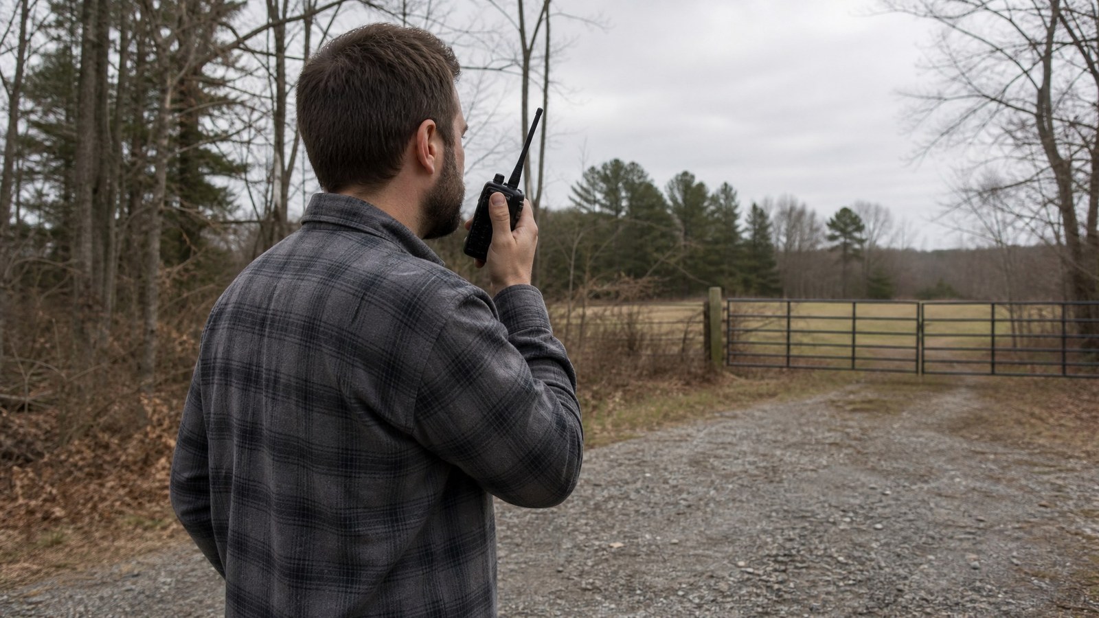 A man in a grey flannel shirt standing at the top of a gravel driveway on a rural property, holding a handheld two-way radio near his shoulder and speaking into it, wooded treeline behind him