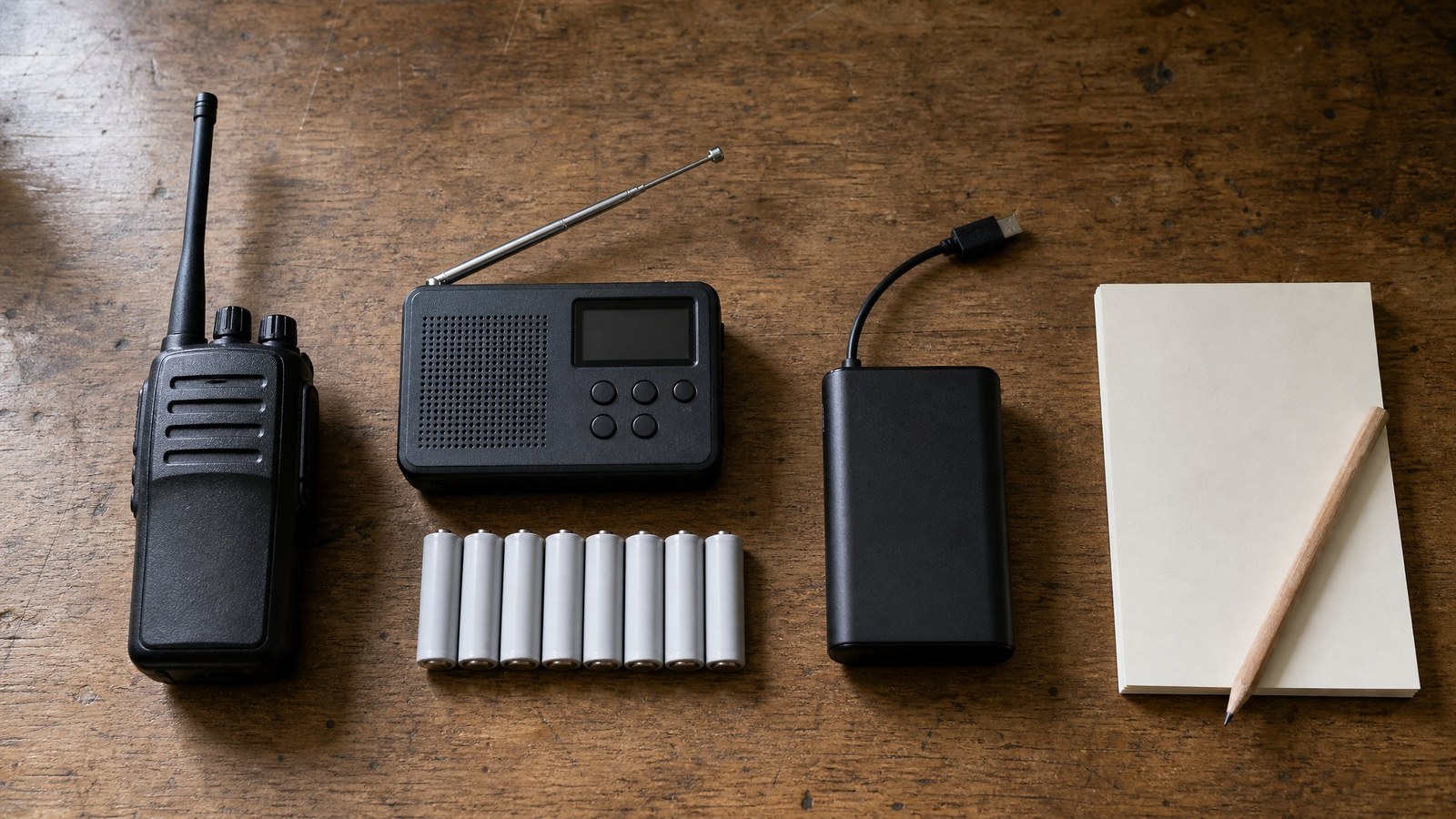 Overhead flat lay on a scratched wooden table of a handheld two-way radio, a portable radio with a telescoping antenna, a row of AA batteries, a small power bank with a cable, and a blank notepad with a pencil