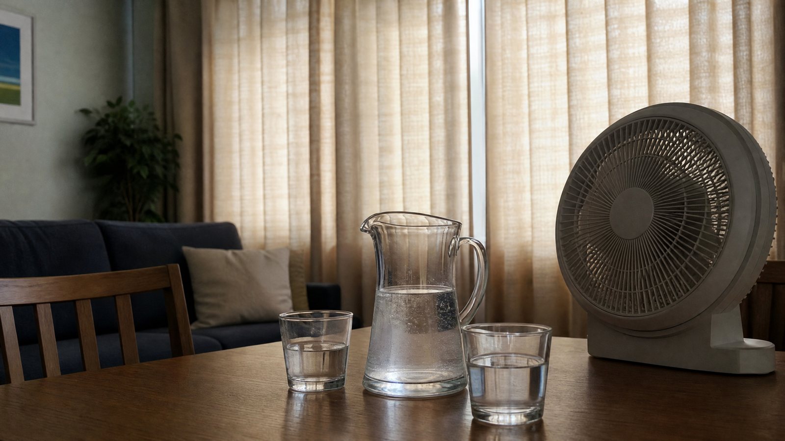 A living room in daytime with curtains drawn against the sun, a pitcher of water with two glasses and a box fan on a table