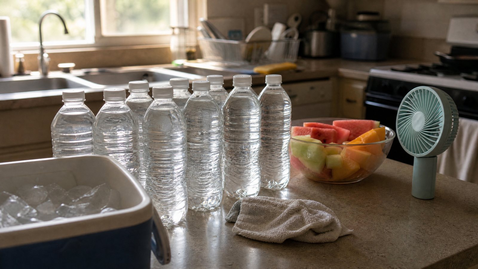 A kitchen counter with a row of water bottles, a cooler of ice, a damp washcloth, a bowl of cut fruit and a small handheld fan