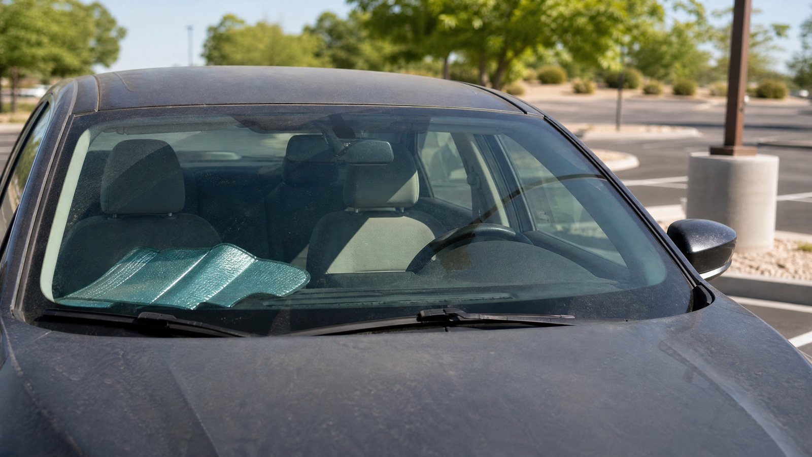 An empty parked sedan in a sunny parking lot with a folded sun shade on the dashboard and heat haze above the hood
