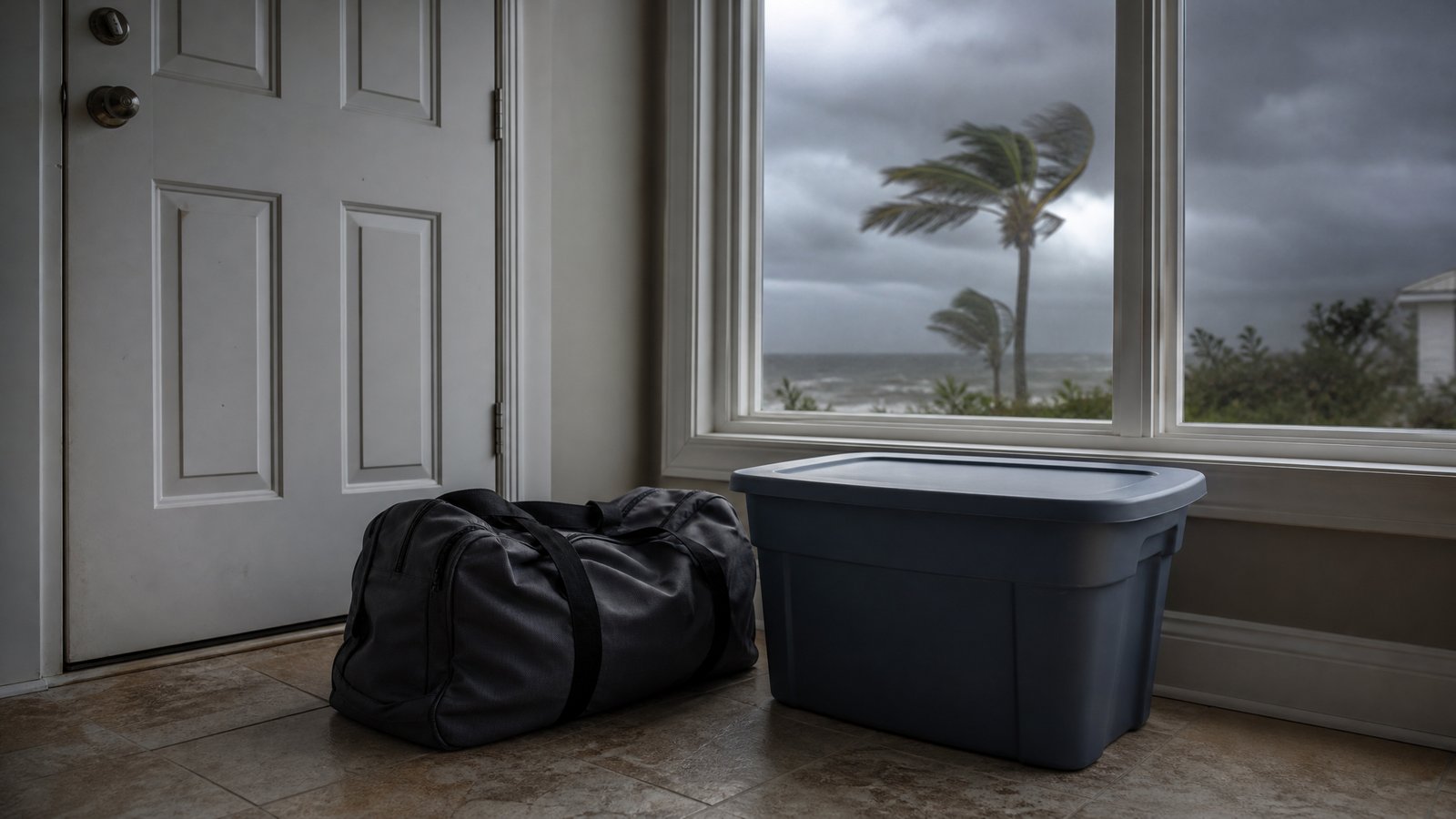 A dark gray duffel bag and a closed plastic storage tote on the floor beside a front door, with a window showing heavy storm clouds and wind-blown palm trees