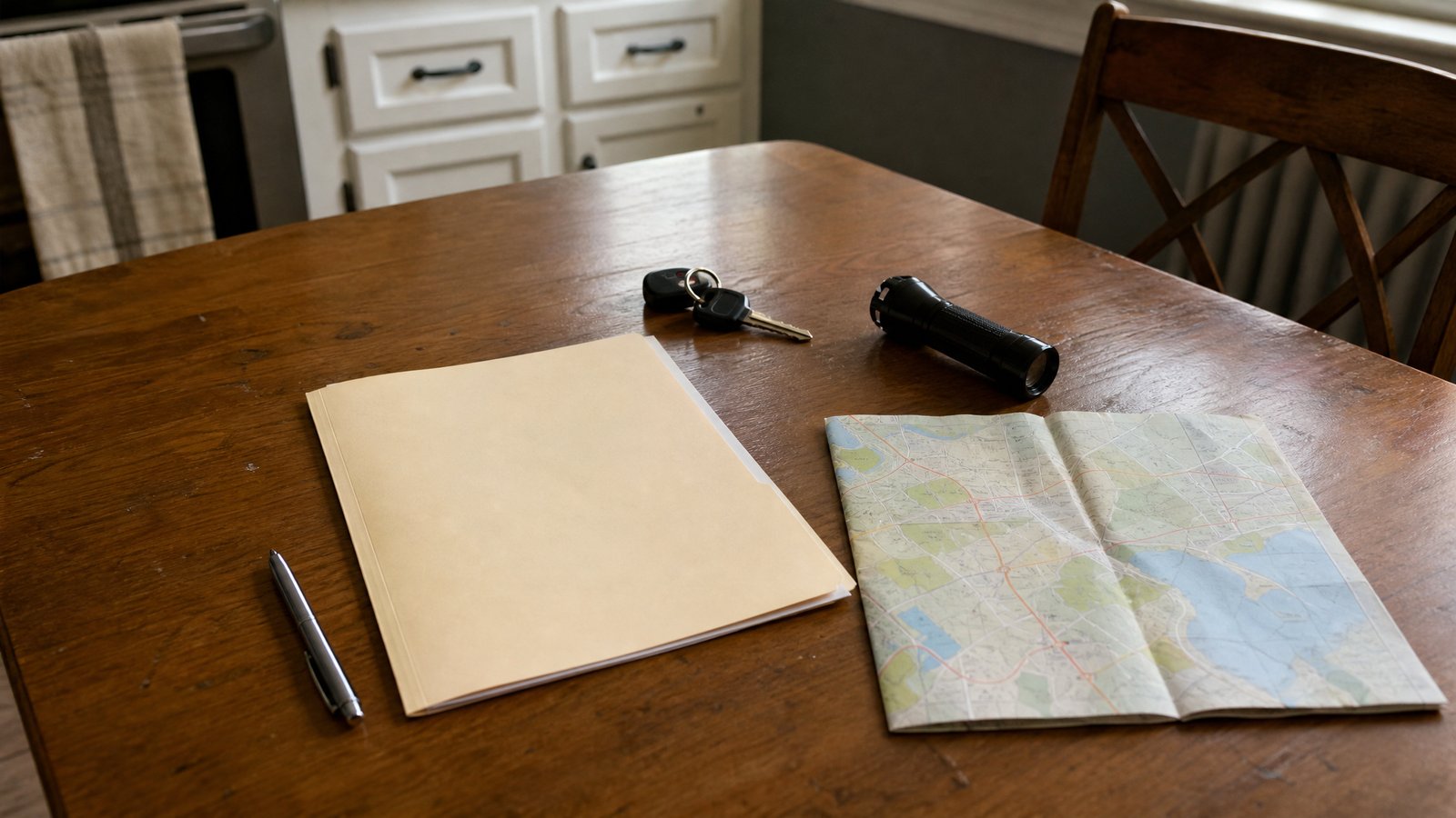 A kitchen table with a manila folder, a pen, car keys, a flashlight and a folded paper map with unlabeled colored shapes