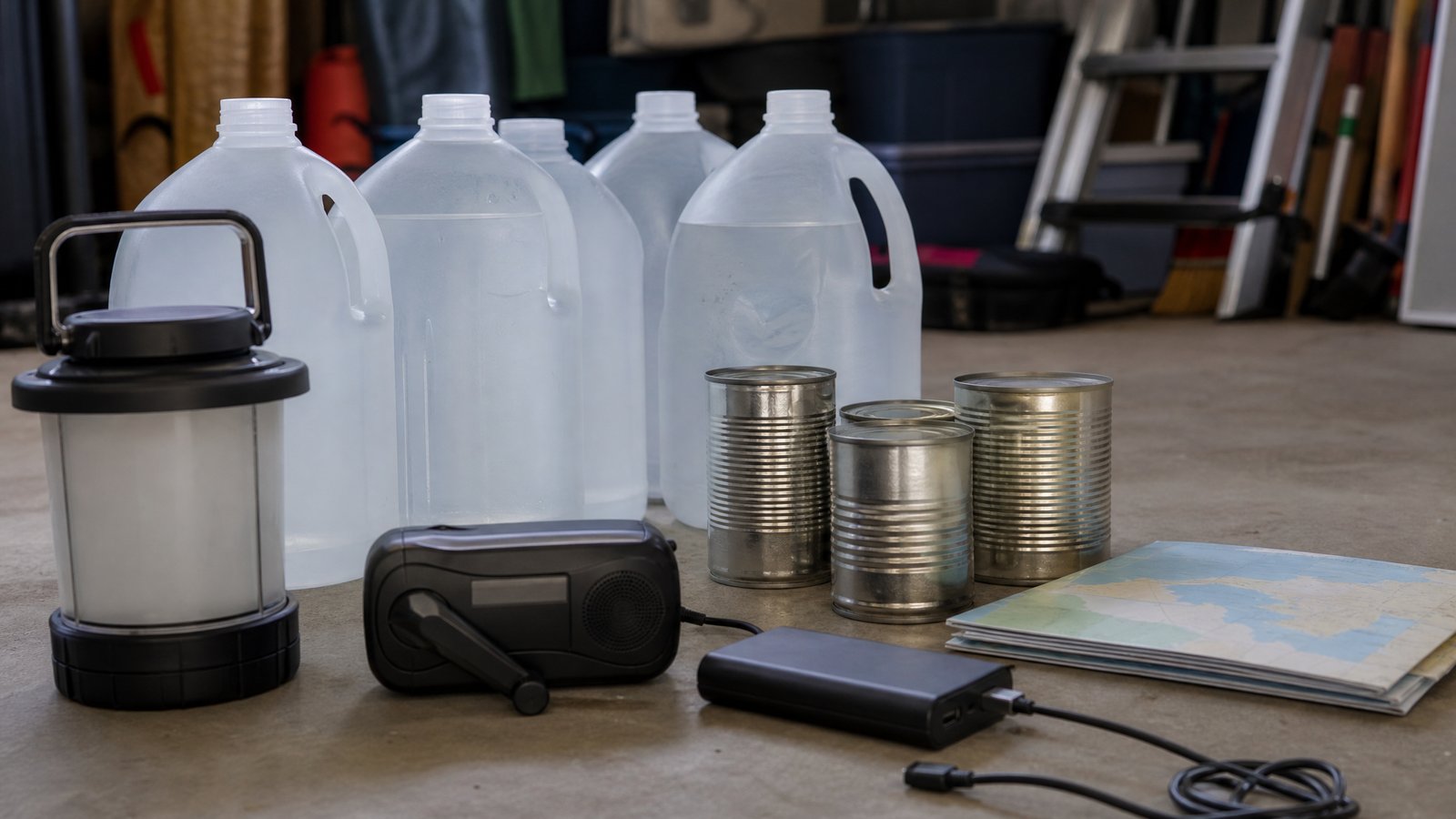 Plain water jugs, metal food cans, a battery lantern, a hand-crank radio and a small power bank with a cable lined up on a garage floor