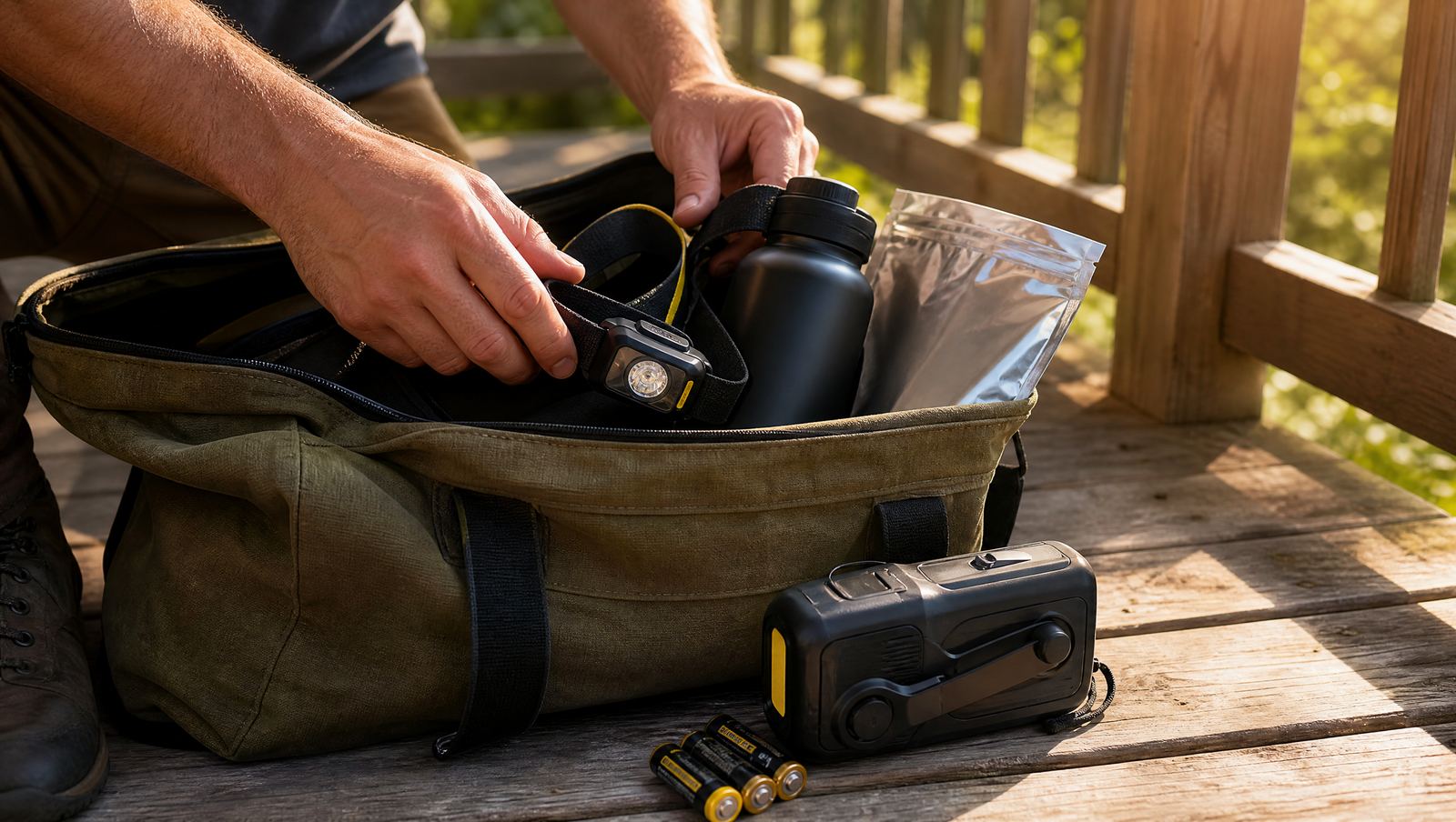 A man packing a headlamp, water bottle, and food pouch into a duffel bag on a sunlit porch at golden hour