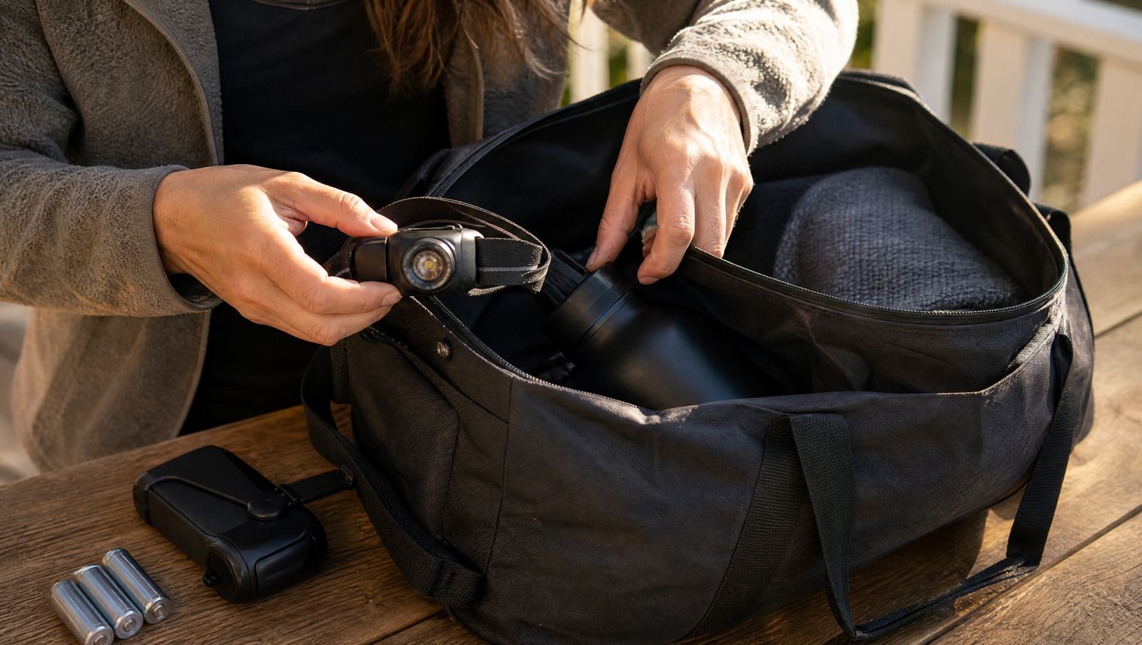 Hands packing a headlamp, batteries, and a water bottle into a duffel bag on a porch table