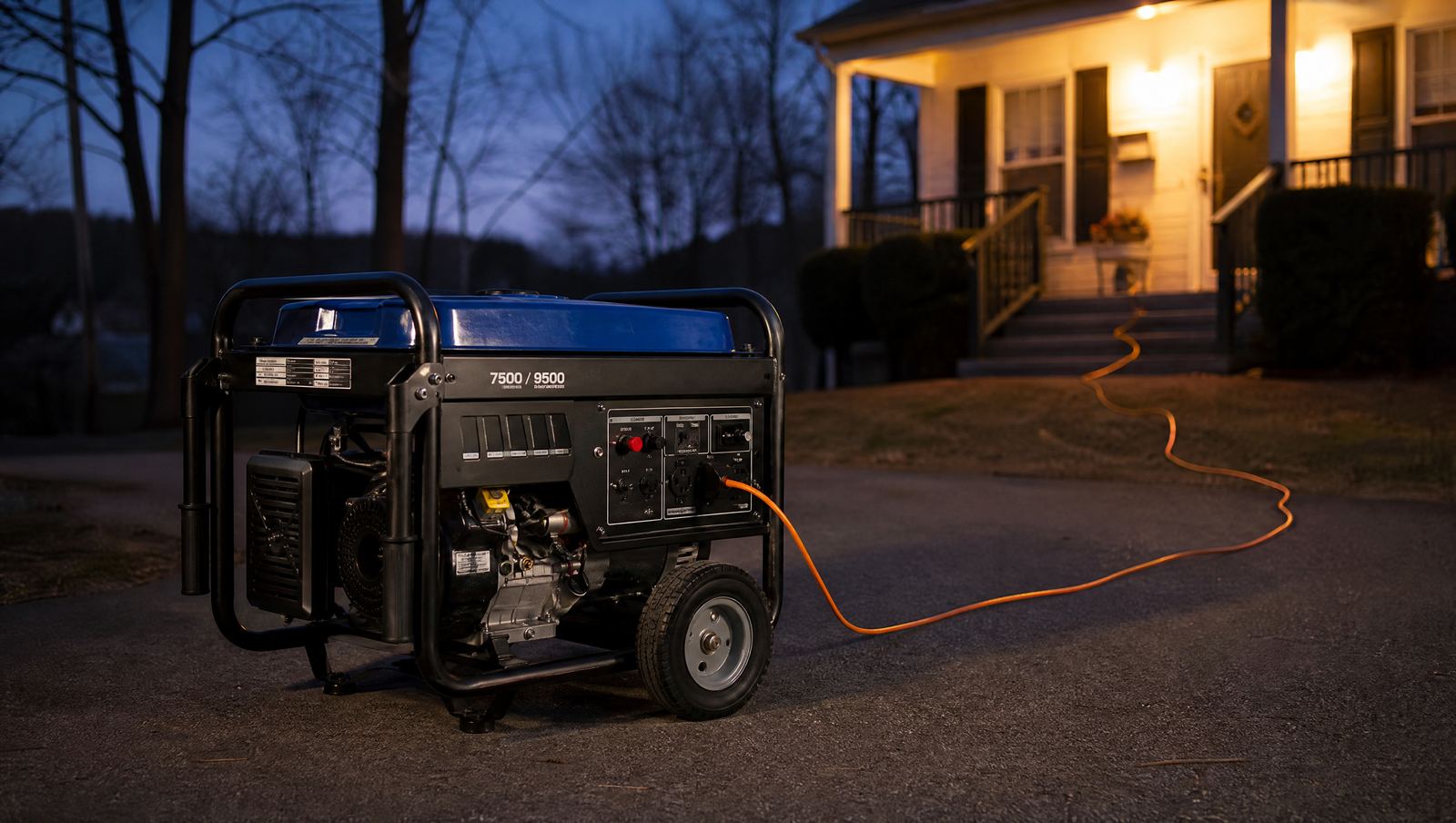 A portable generator running outside on a driveway at dusk, well away from the house, with an extension cord running to the home