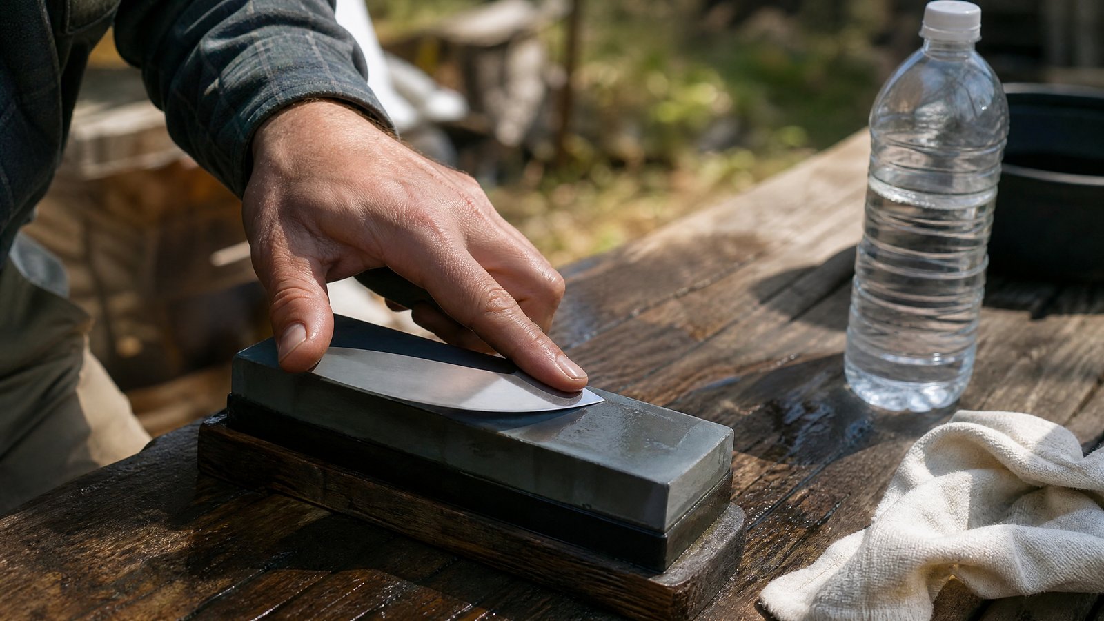 A hand drawing a fixed-blade knife across a whetstone at a steady angle on an outdoor workbench in natural daylight