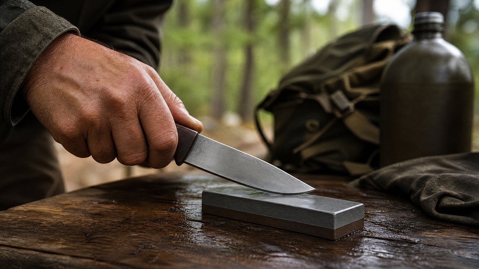 A hand running a fixed-blade knife across a small pocket sharpening stone on an outdoor camp table with gear nearby