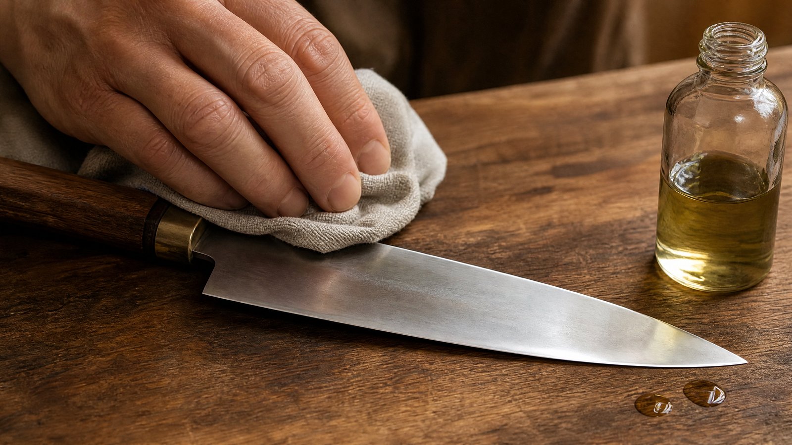 A clean knife blade laid on a wood surface being wiped with a cloth, with a small bottle of oil and a few visible drops beside it