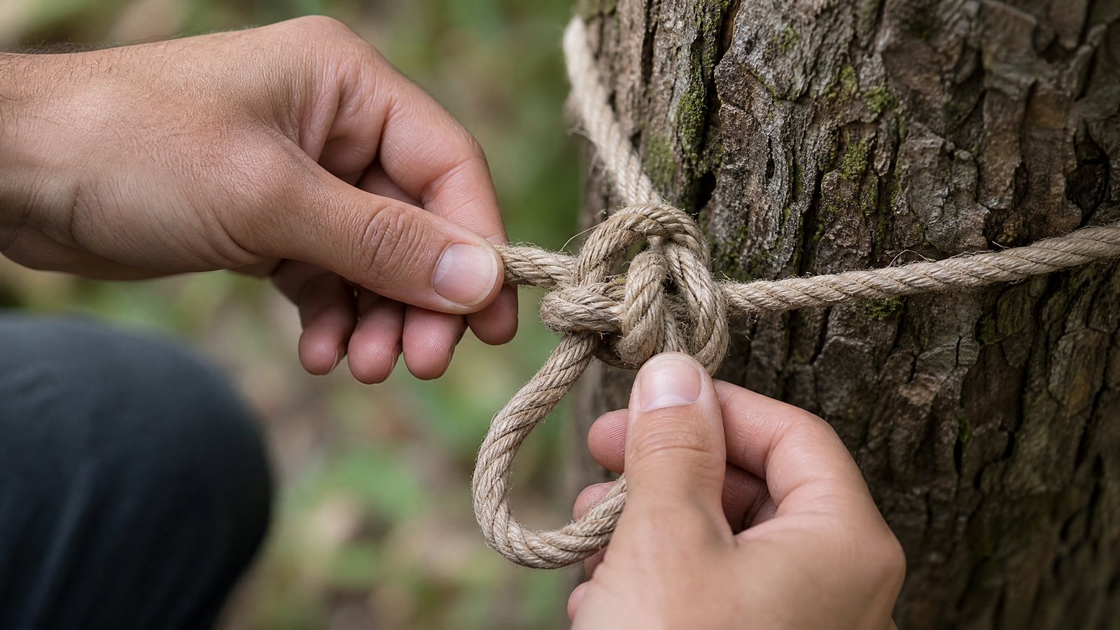 Two hands holding a length of plain rope formed into a loop knot against a tree trunk