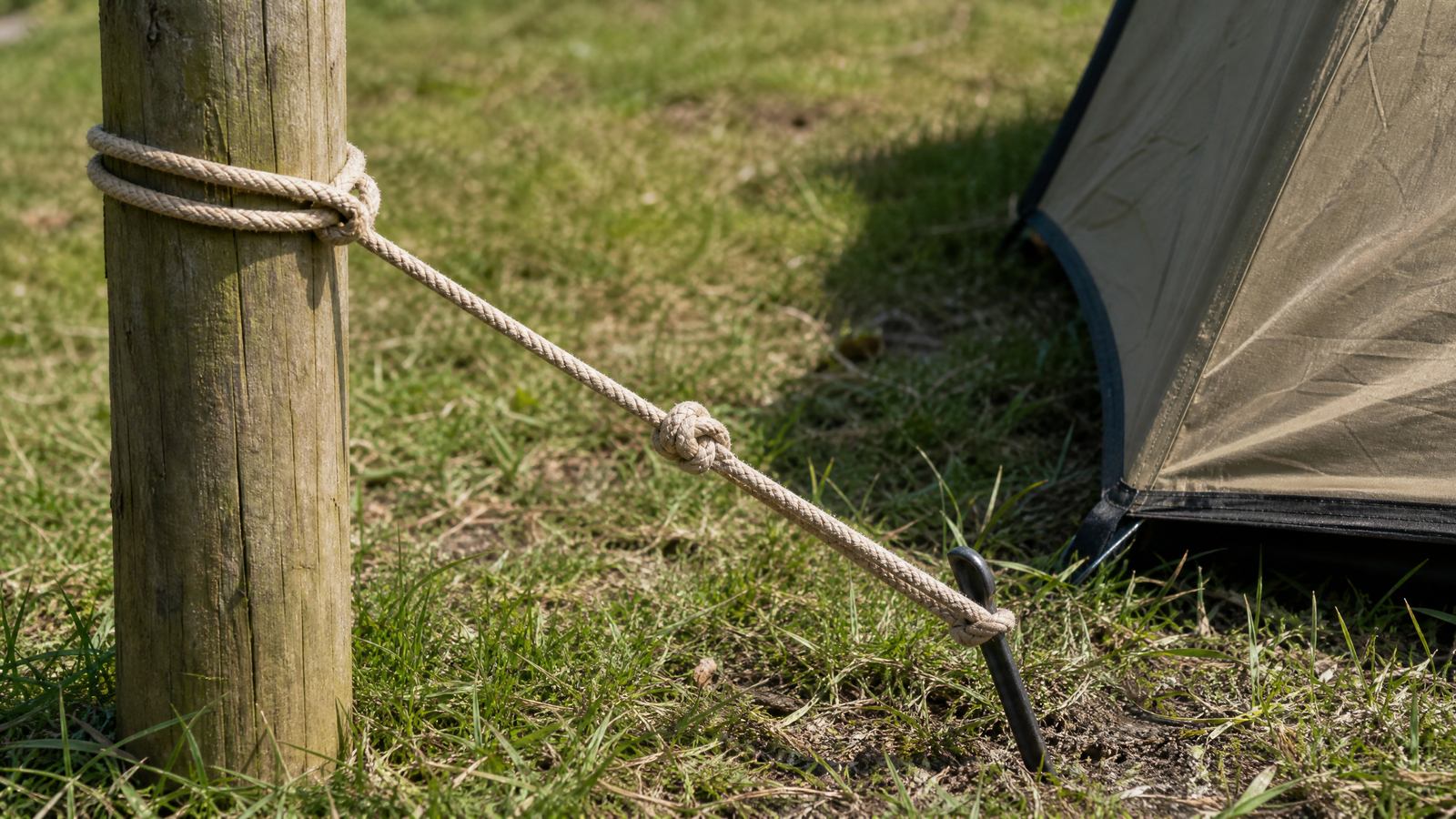 A plain rope wrapped around a wooden post and a second rope running to a tent stake with a knot along its length, on a grassy campsite