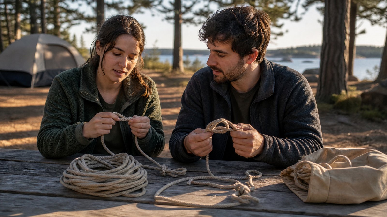 Two people at a picnic table at a campsite practicing tying knots with short lengths of rope, with a coil of rope and a canvas bag on the table