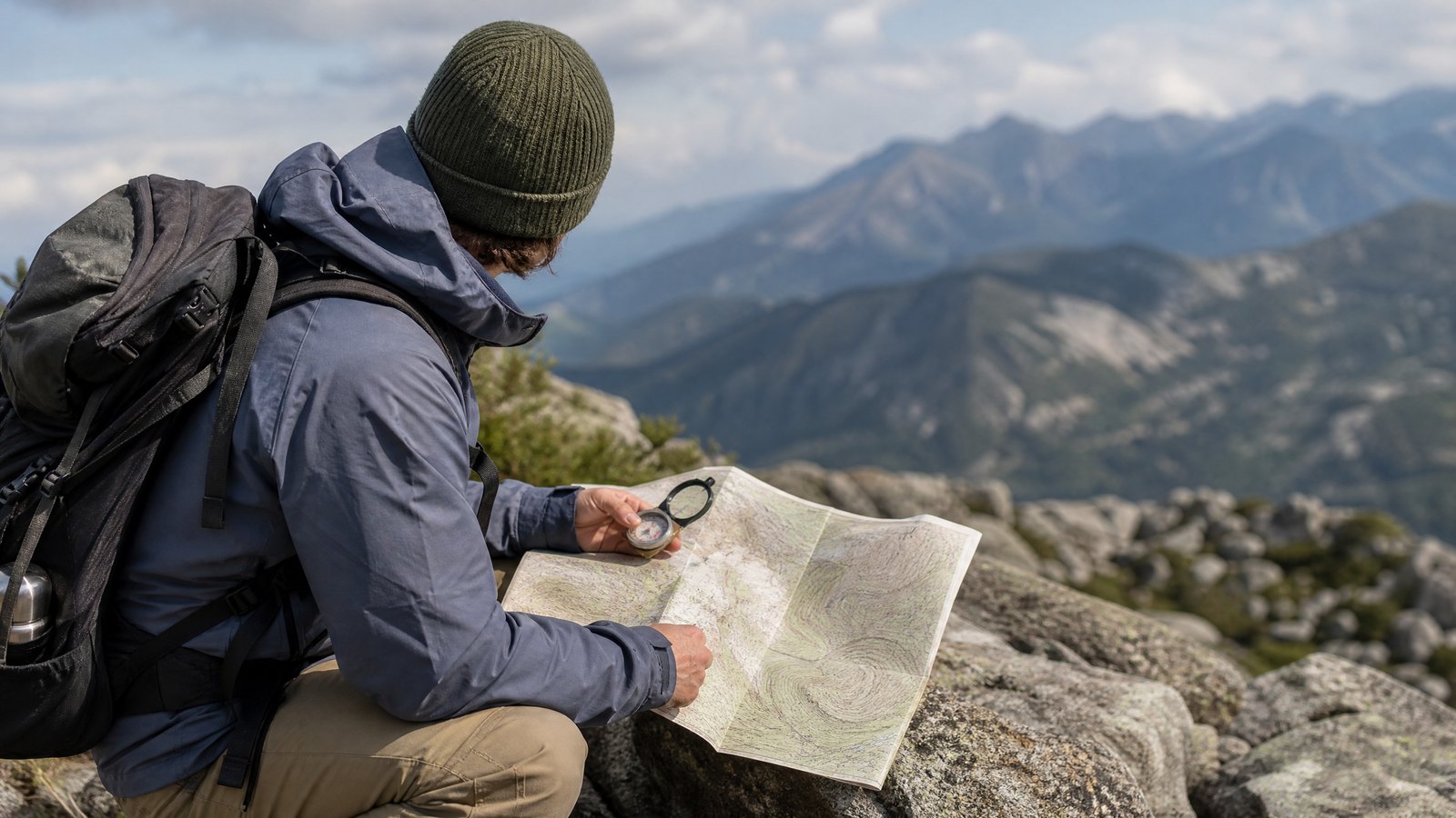 A hiker crouched on a granite outcrop holding a compass over an unfolded paper topographic map with hazy mountain ridgelines behind