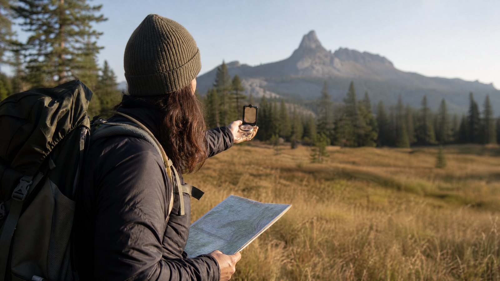 A hiker standing at the edge of a golden meadow holding a compass out at arm's length and sighting toward a distant rocky peak