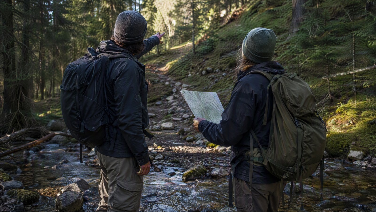 Two hikers pausing on a faint trail where it crosses a small creek, one pointing toward a ridge while the other holds a folded paper map