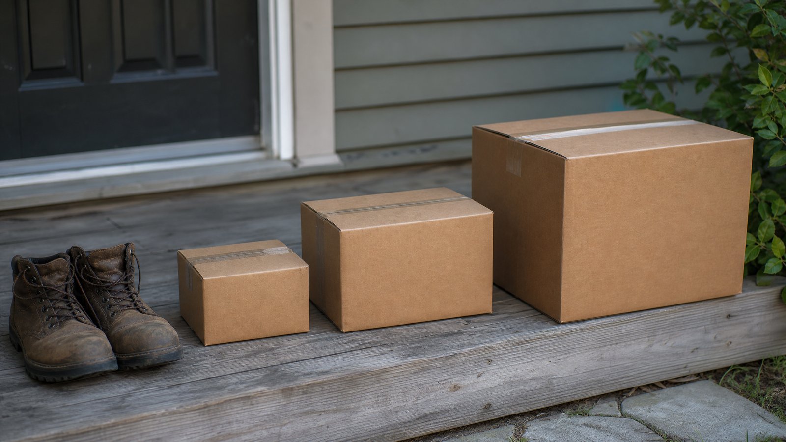 Three plain brown cardboard shipping boxes in small, medium and large sizes lined up on a wooden porch step beside a pair of work boots