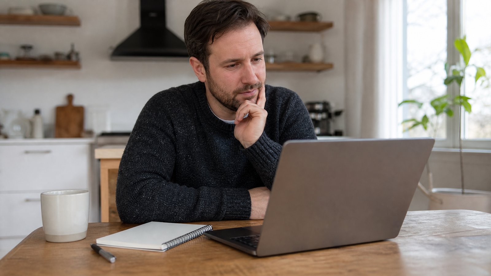 A man at a kitchen table in daylight looking at a laptop with the screen turned away, a blank notebook and a pen beside him