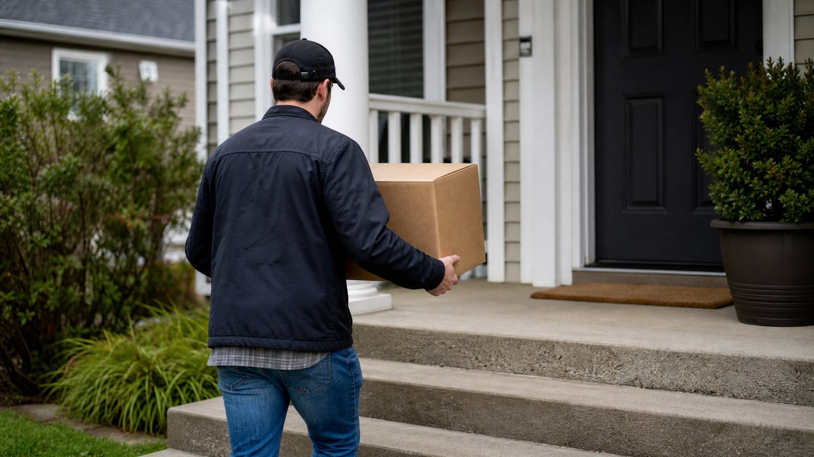 A person carrying a medium brown cardboard shipping box up the steps of a home porch, seen from behind