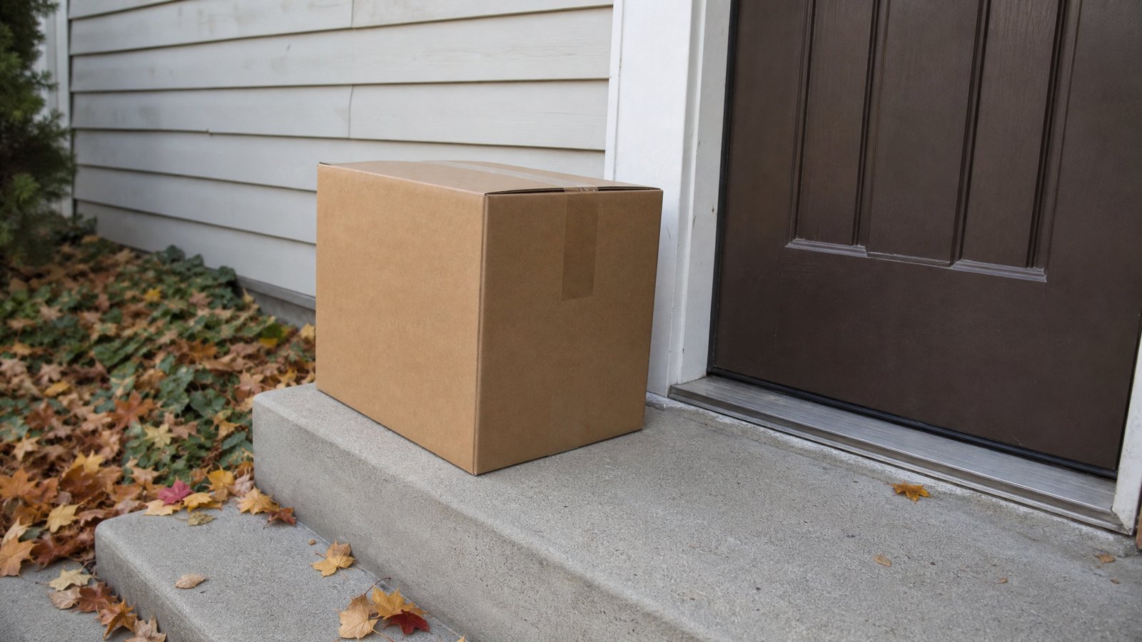 A large plain brown cardboard shipping box on a doorstep beside a front door, autumn leaves on the ground