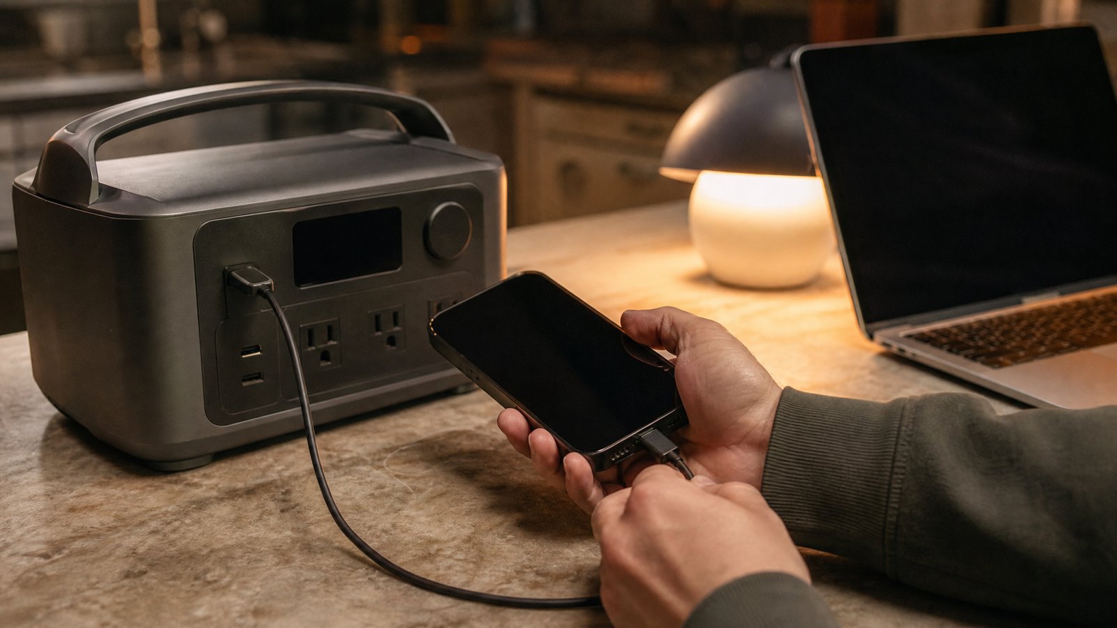 Hands plugging a charging cable from a plain gray portable battery power station into a phone on a kitchen counter, with a laptop and small lamp nearby