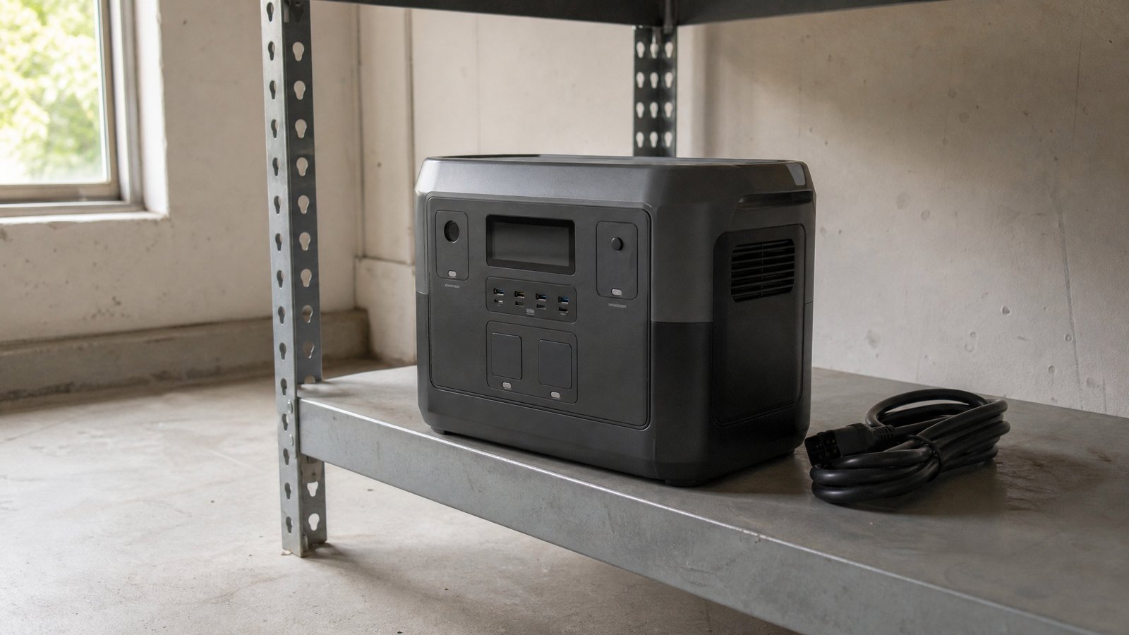 A portable battery power station on a metal shelf in a bare concrete garage, away from boxes and clutter, with a coiled cord beside it