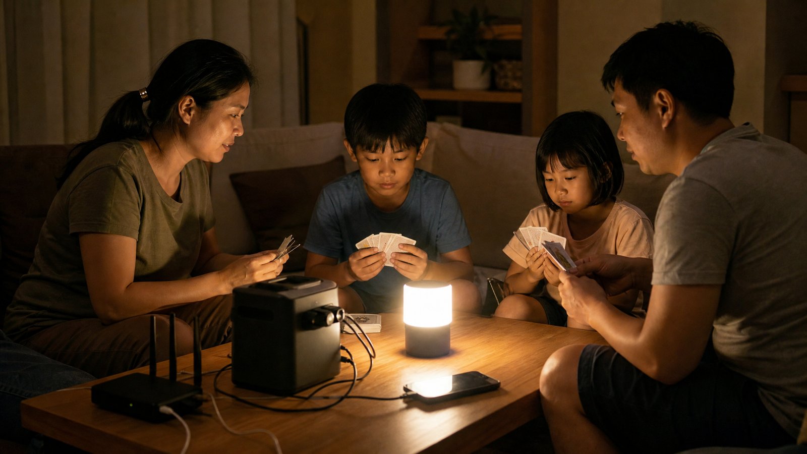 A family playing cards at night by a small lamp powered by a portable battery power station on a coffee table, with a router and phone charging beside it