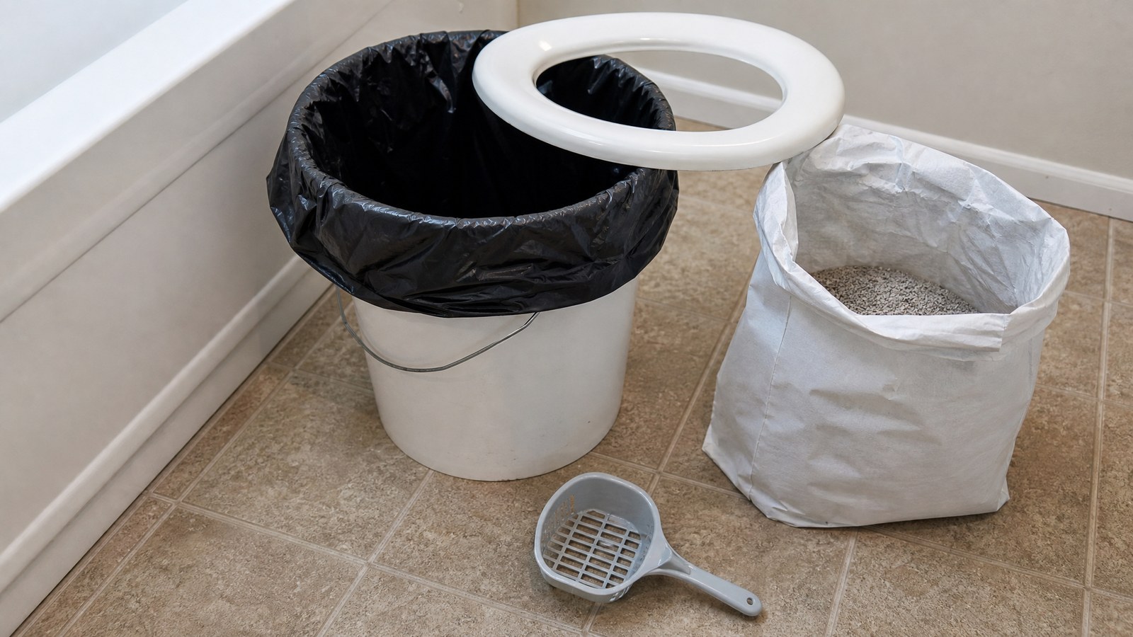 A plain white bucket lined with a black plastic bag on a bathroom floor, with a toilet seat ring resting on its rim, an open bag of cat litter and a small scoop beside it