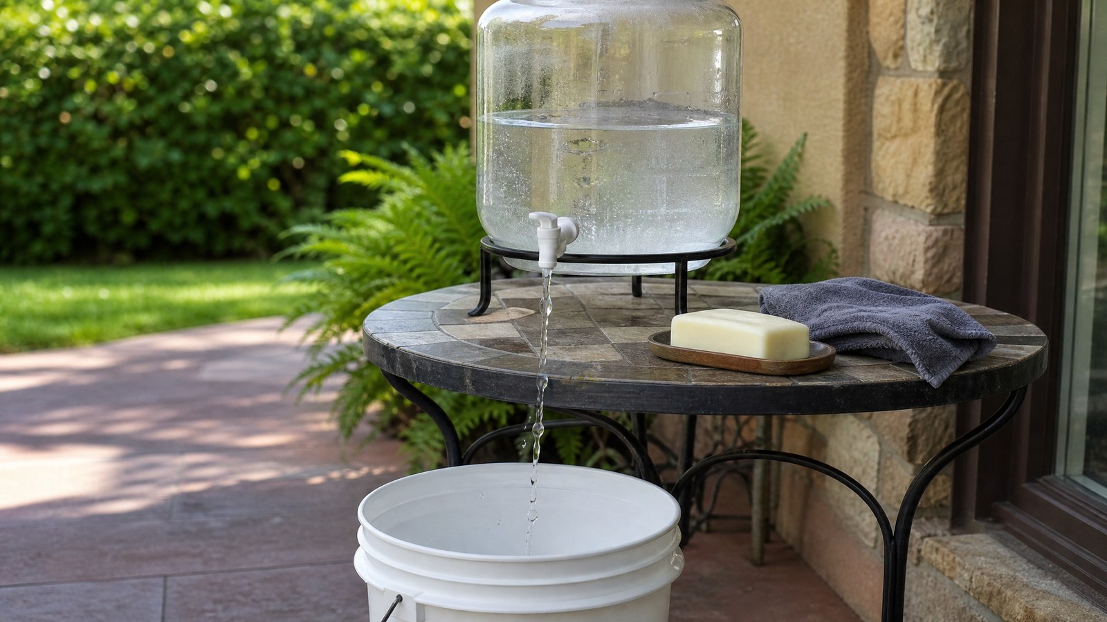 A glass water jug with a push spigot on a stand on a patio table, water running into a white bucket below, with a bar of soap on a wooden dish and a folded towel on the table
