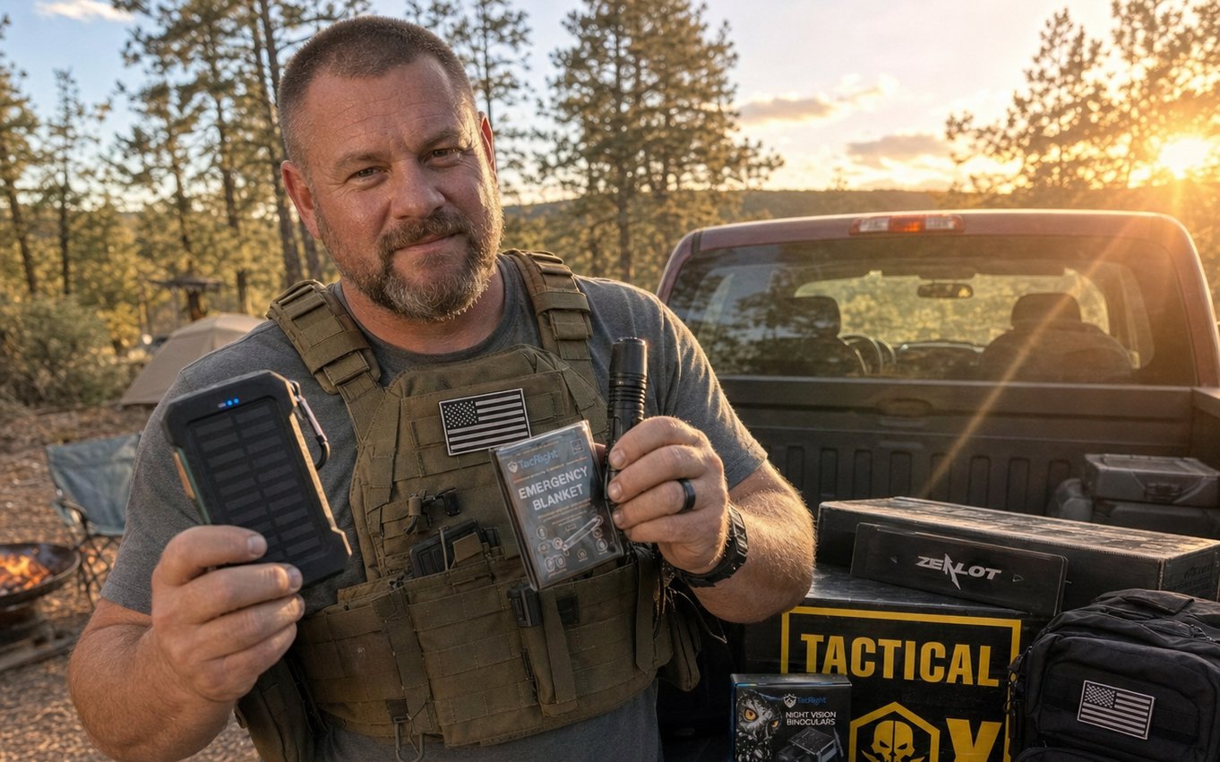 A TacticalBox member holding gear next to a Tactical Box shipment