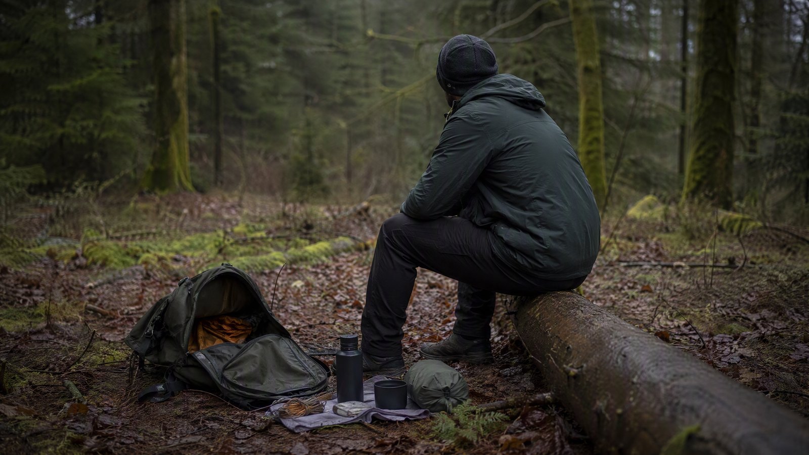 A hiker sitting still on a fallen log in a conifer forest with an open backpack beside them and its contents laid out on the ground
