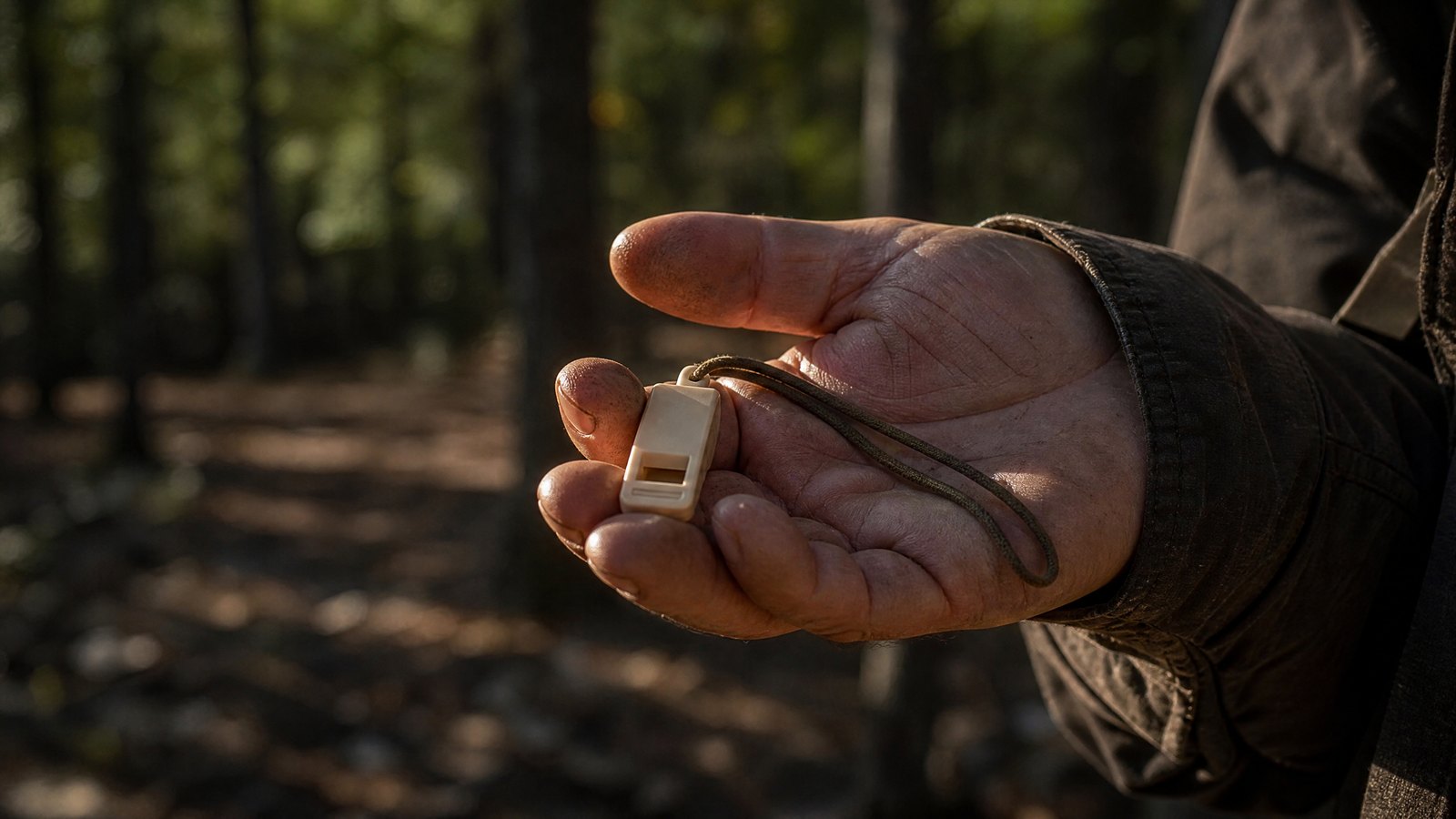 Close-up of a weathered hand holding a small plain emergency whistle on a cord with blurred forest behind
