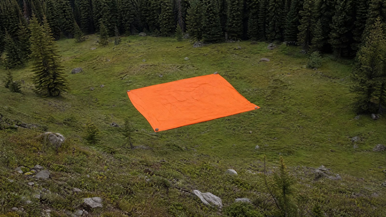 A bright orange emergency panel spread flat in an open grassy meadow clearing surrounded by dark conifer forest, seen from a hillside above