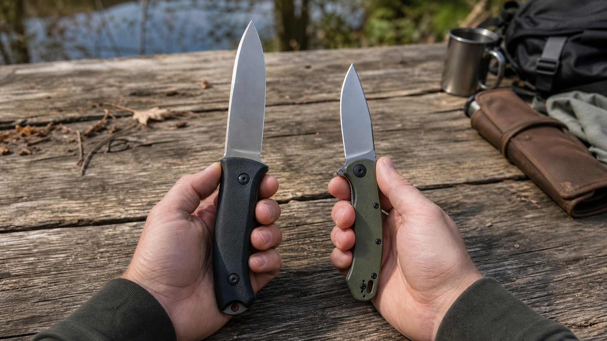Hands comparing a fixed-blade survival knife and a folding knife side by side on a wooden table outdoors