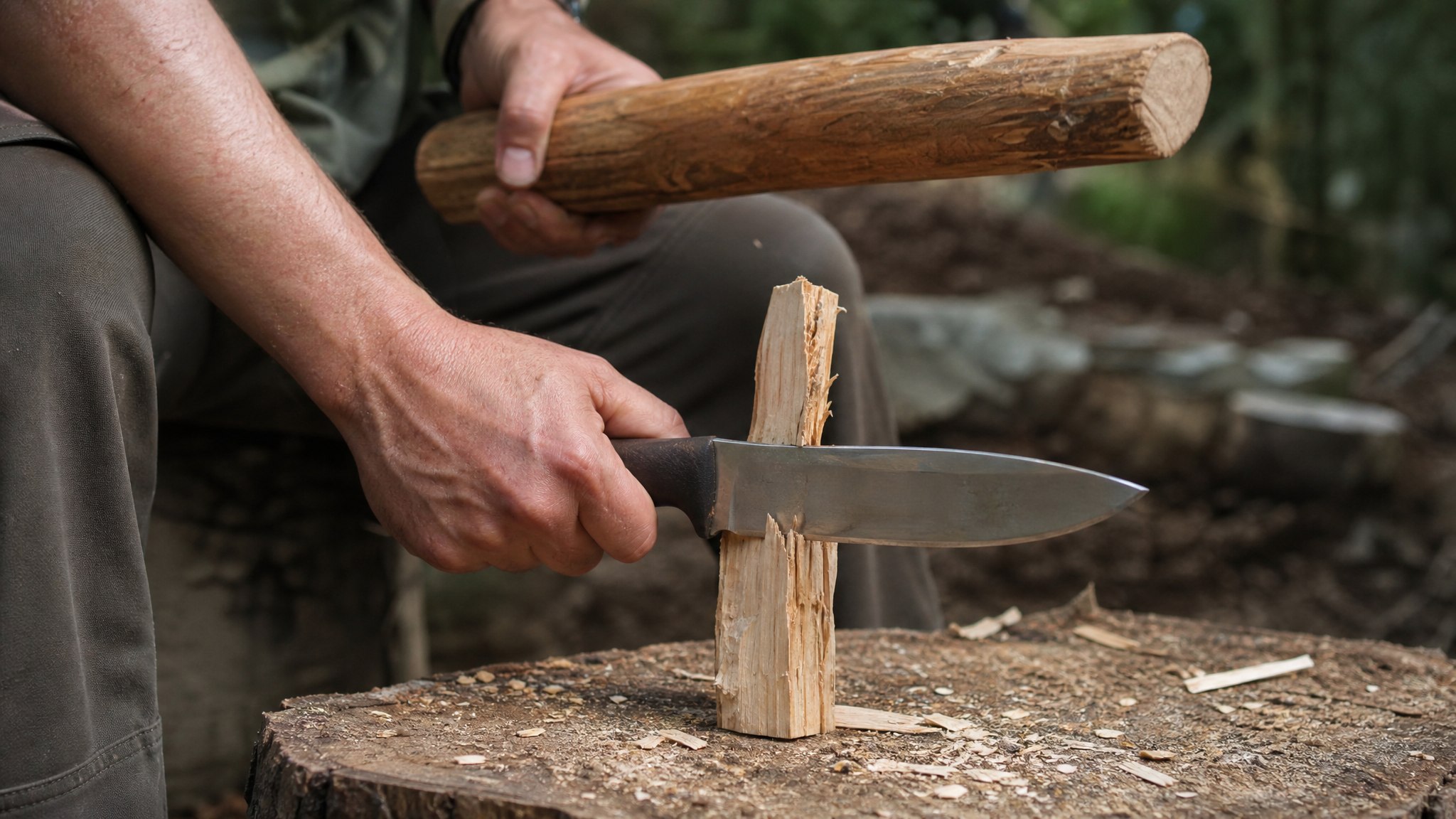 Close-up of a full tang fixed-blade knife being used to baton through a piece of firewood outdoors