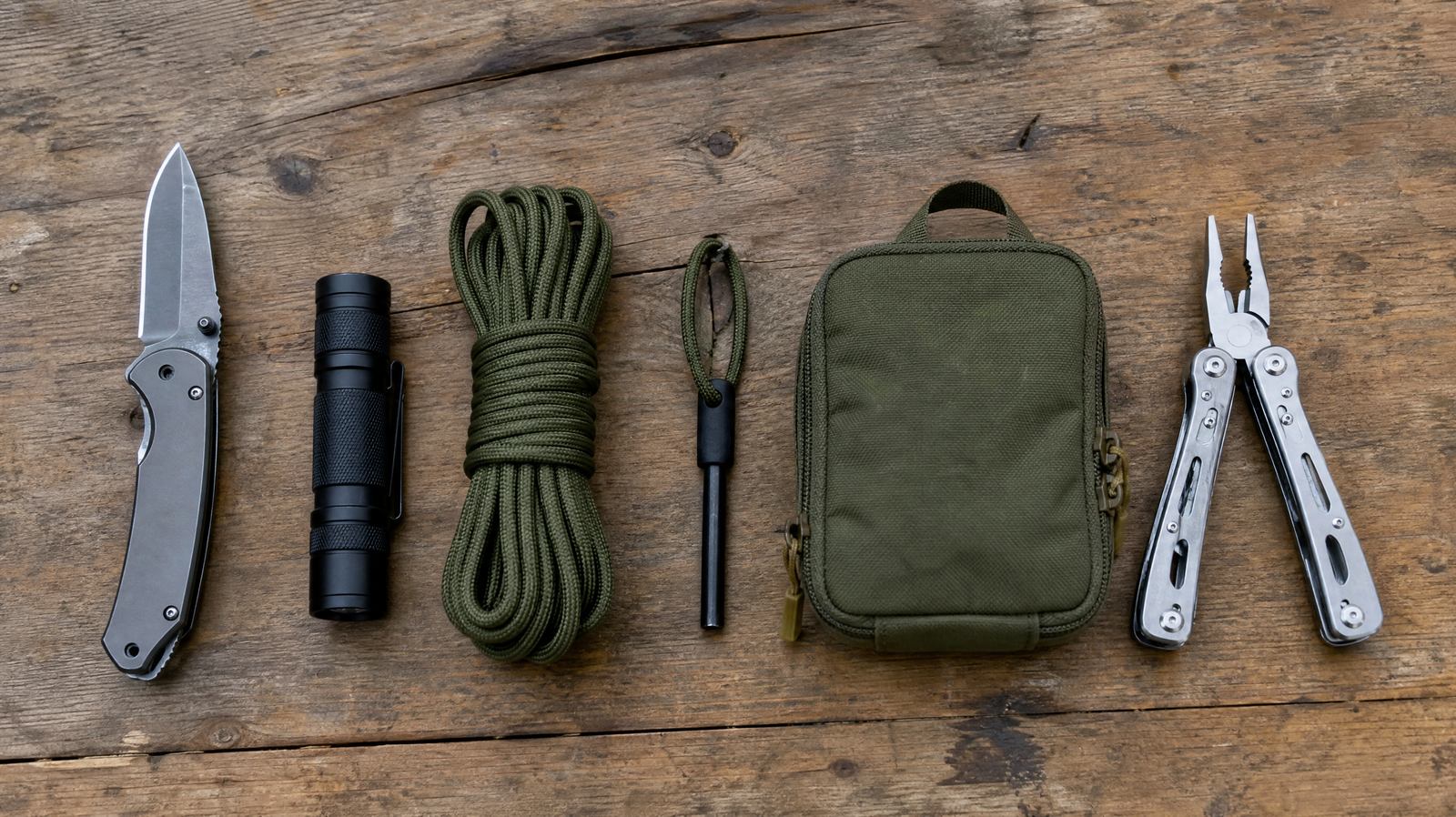 A folding knife, flashlight, paracord, fire starter, tactical pouch, and multitool laid out neatly on a wooden table