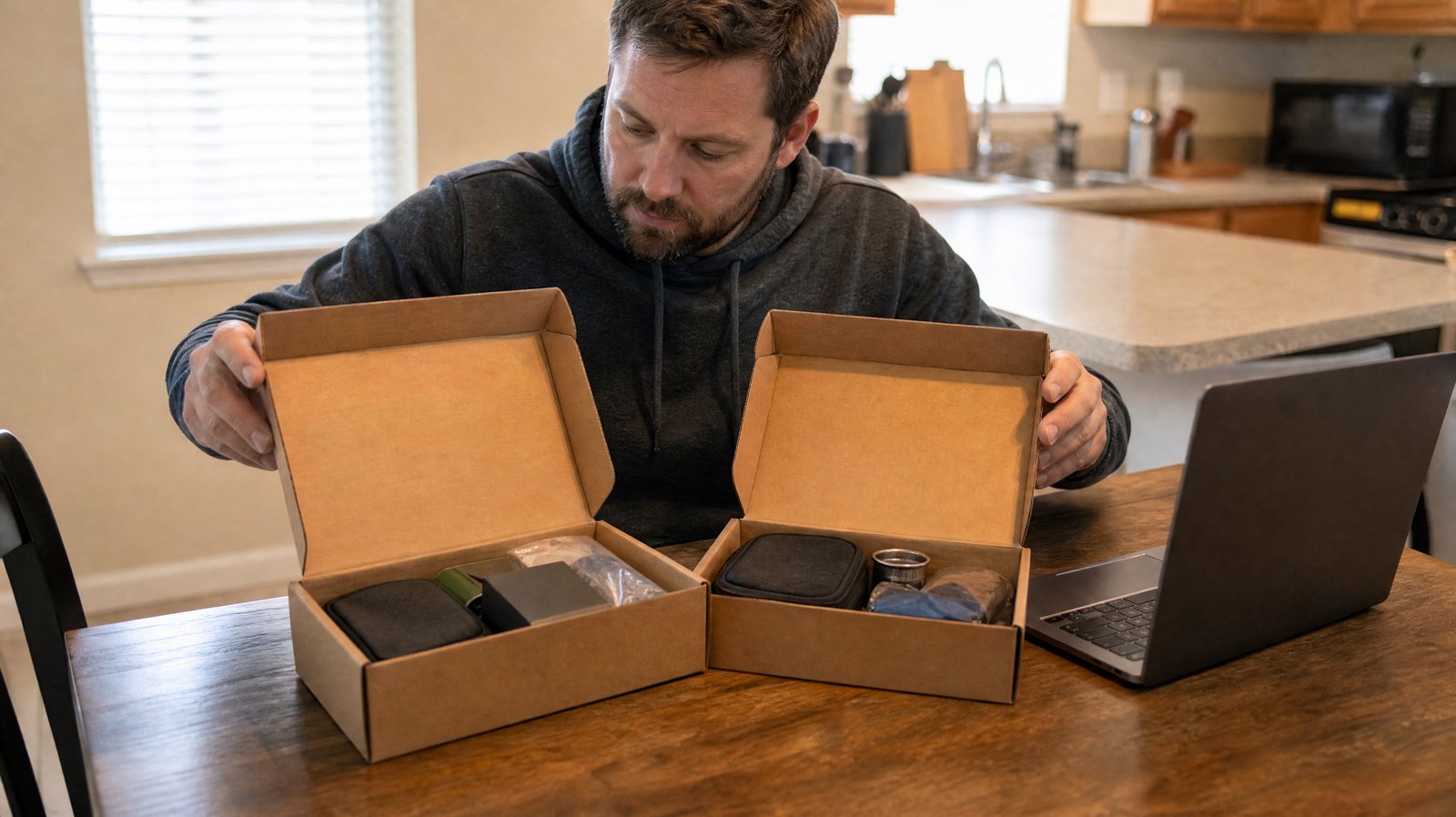 A man at a kitchen table comparing two open subscription boxes side by side with a laptop nearby