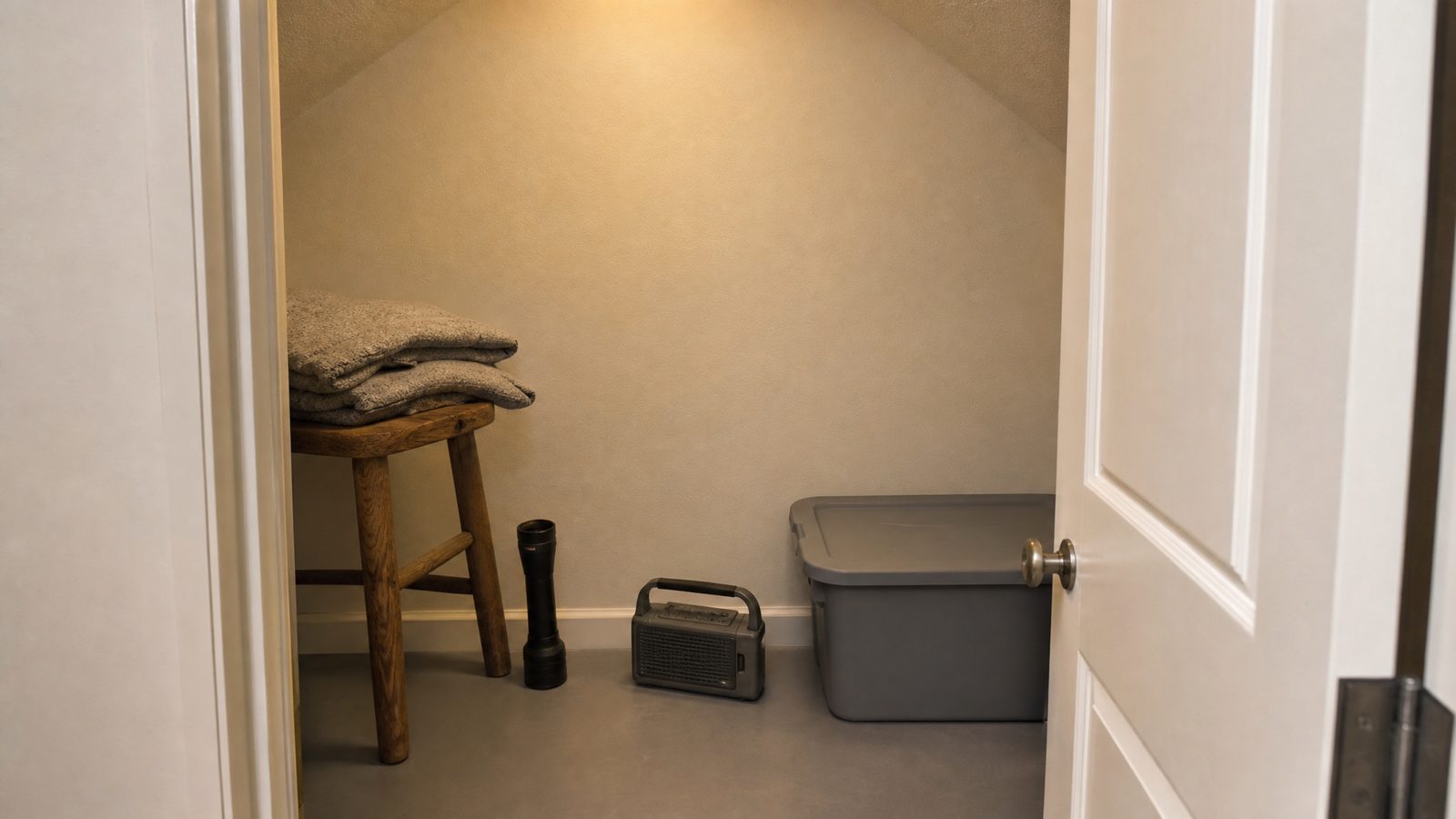 A small windowless interior closet space on the lowest floor with a wooden stool, folded gray blankets, a flashlight, a handheld weather radio and a plastic storage bin on the floor